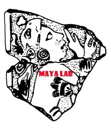black and white drawing of an individual wearing a headdress and the word Maya Lab across the shoulder.